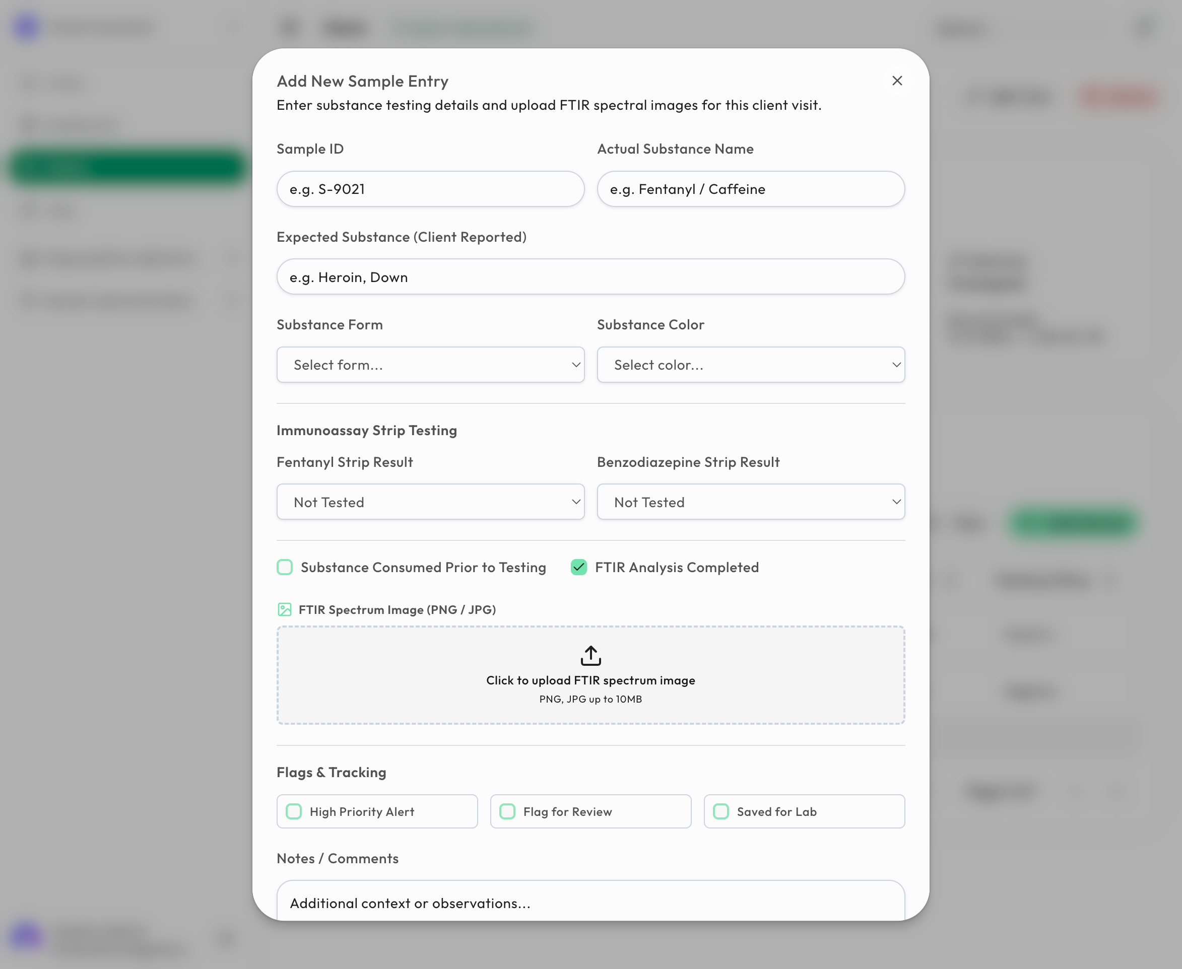 DCS form for recording sample details and test results