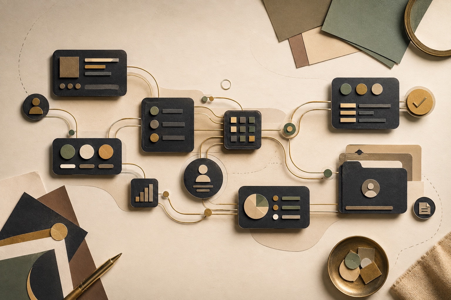 Editorial illustration of flexible software modules connected around a team workflow