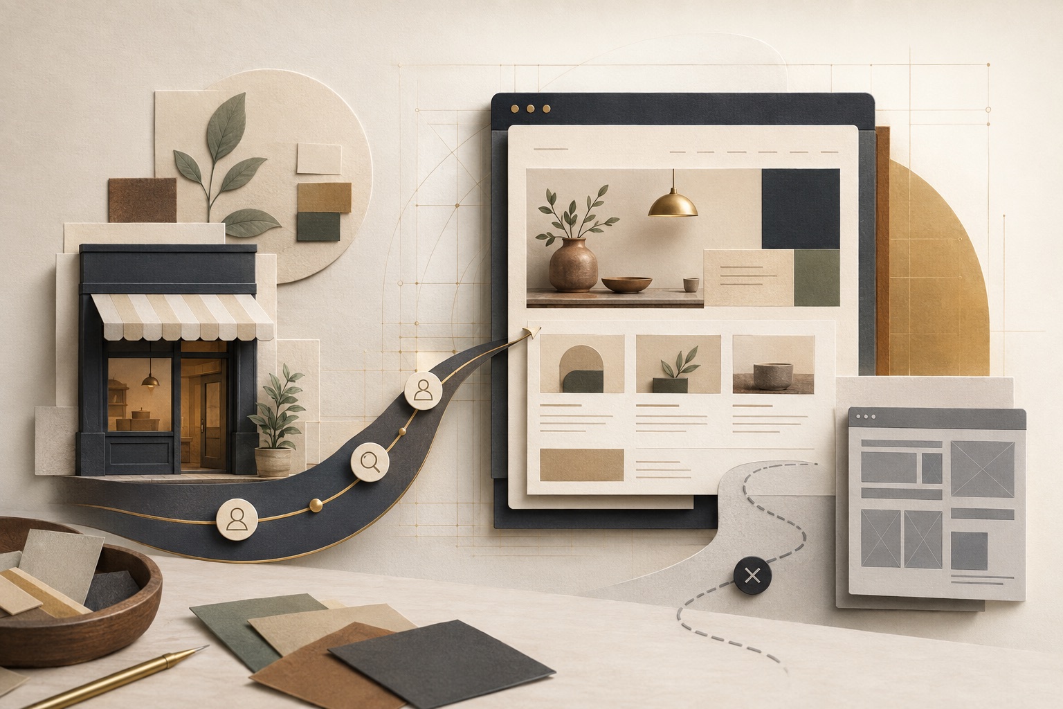 Editorial illustration connecting a small storefront to a thoughtfully structured website