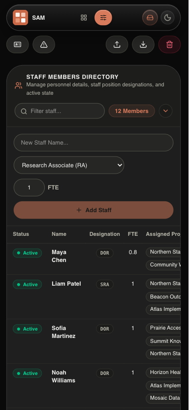 SAM manage data view on mobile in dark mode