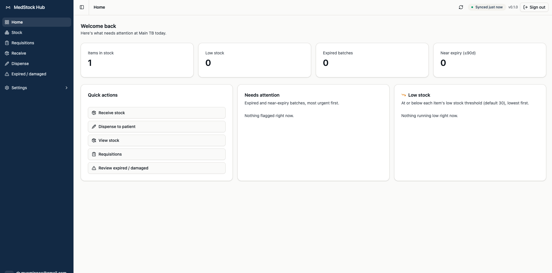 MedStock Hub dashboard showing medicine stock, alerts, and saved sync status