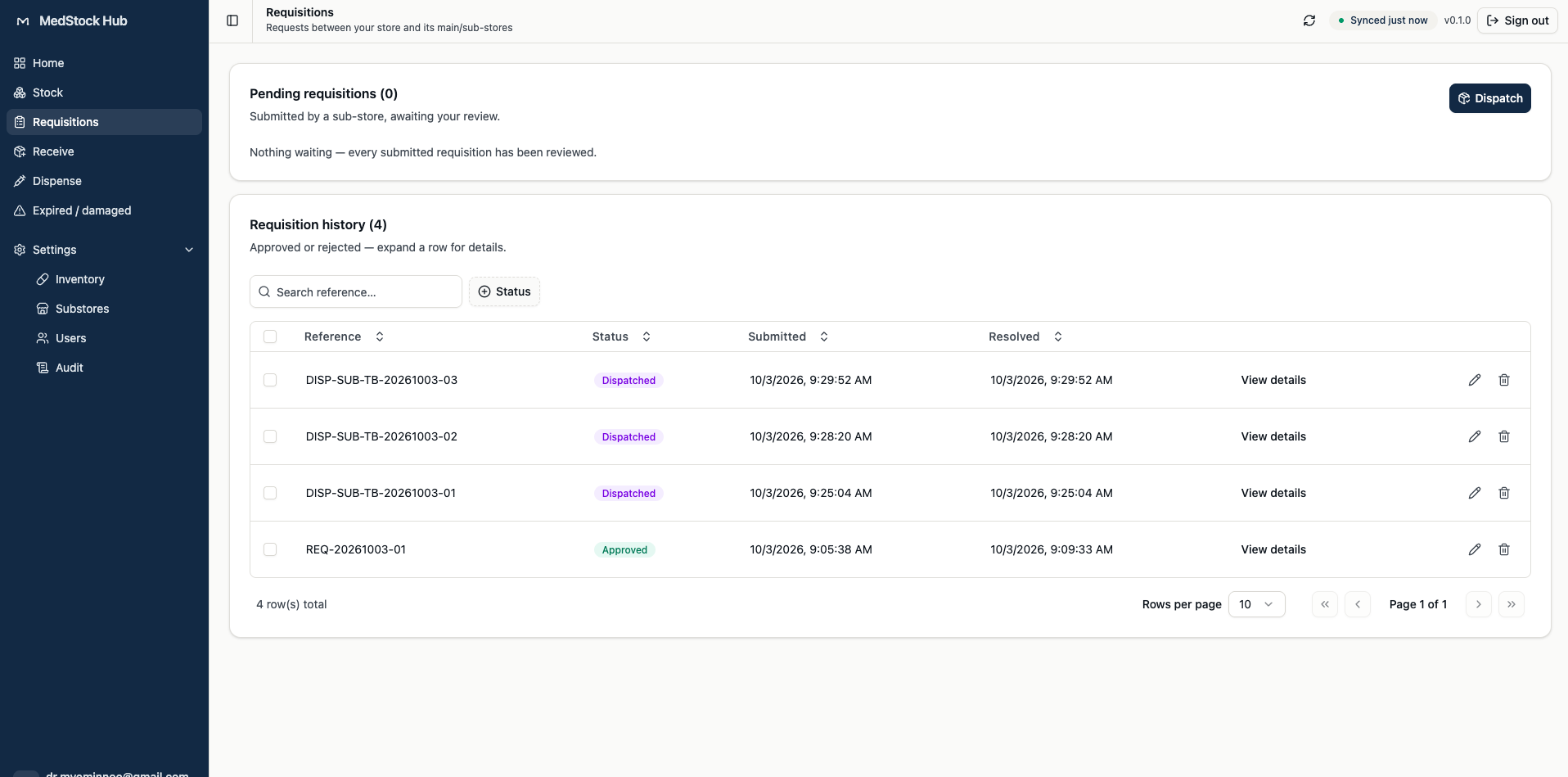 MedStock Hub requisition history shown on desktop