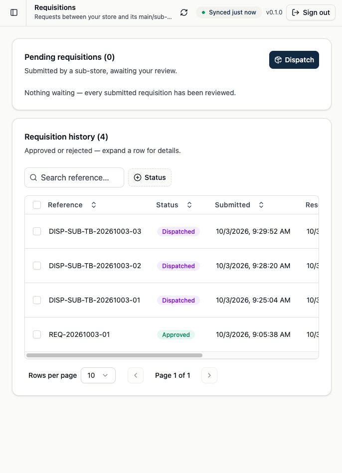 MedStock Hub requisition history on a narrow mobile layout