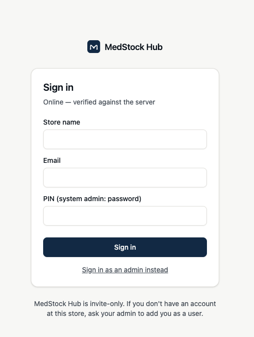 MedStock Hub invite-only sign-in form