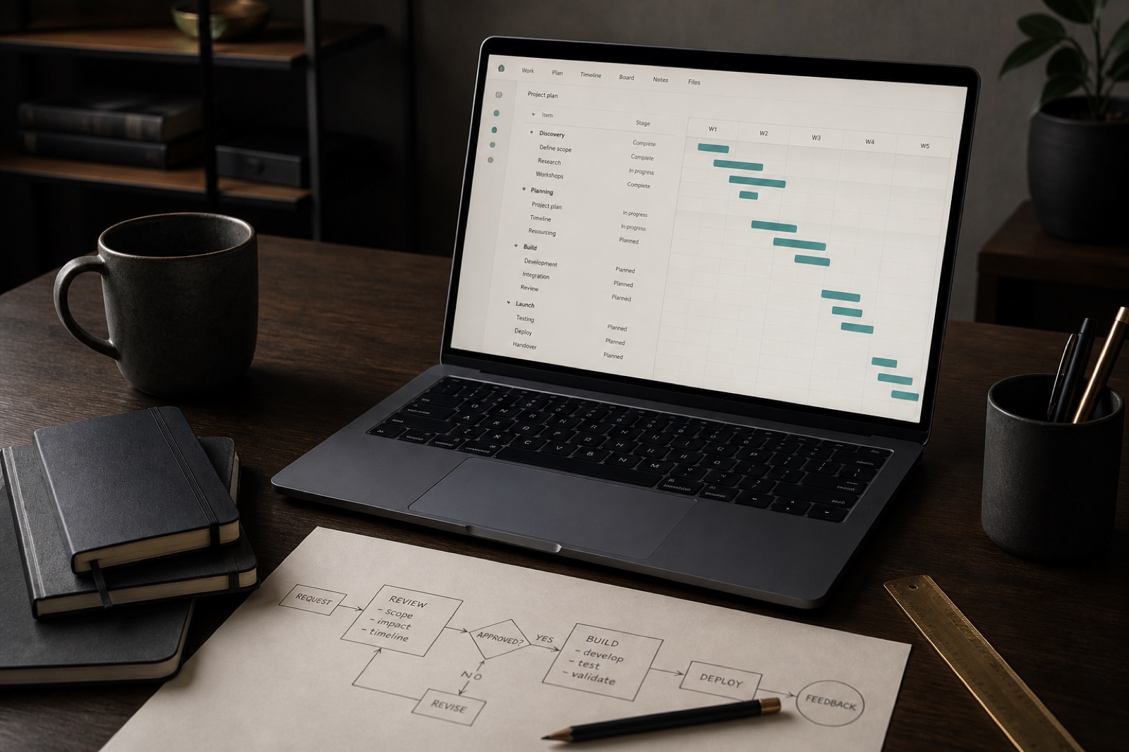 Laptop with a planning interface beside a paper workflow diagram on a dark desk