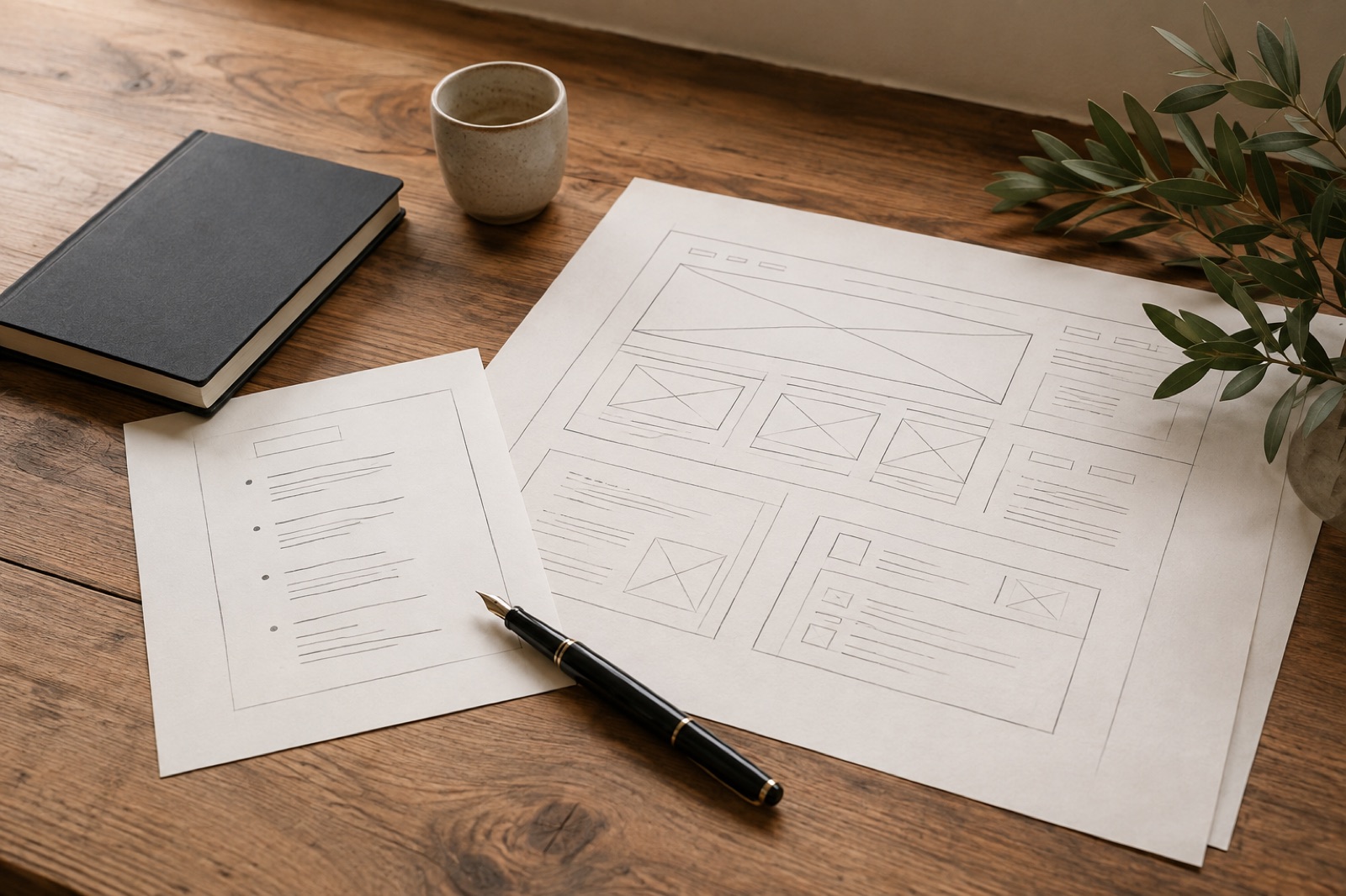 Website wireframes and content notes arranged on a warm wooden desk