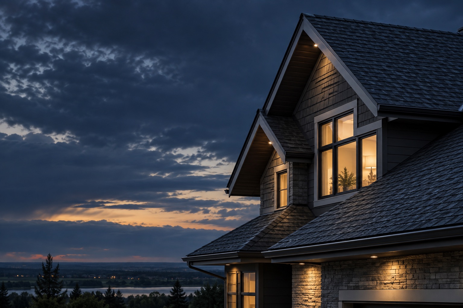 Fictional roofing website preview with a dark shingled home at dusk